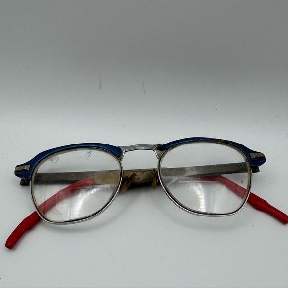 Unique Metal Bi Focals Red Plastic Tipped Arms Blue Run Detail Rare Vintage 50s - Picture 2 of 7